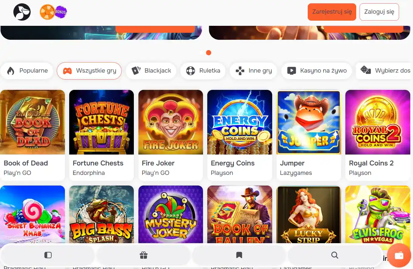 Aktualny widok kategorii gier i filtra dostawców w lobby Pelican Casino